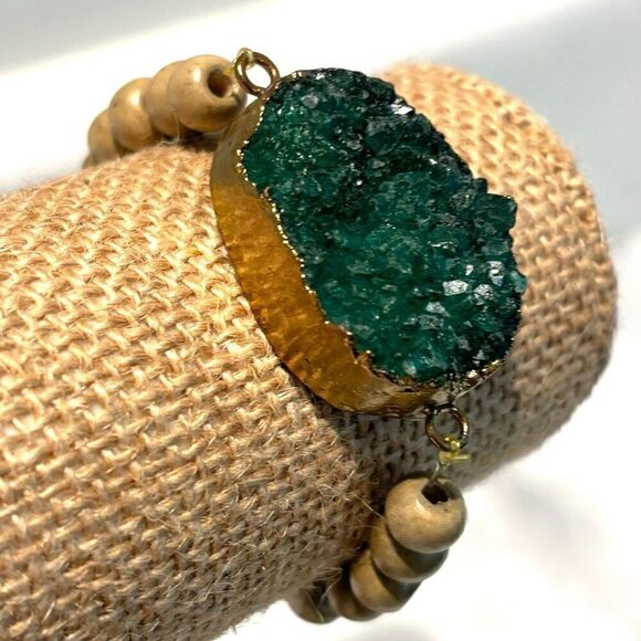 Nordstrom Druzy Stone Wooden Beads Stretch Elastic Bracelet Green Tan - Picture 1 of 2